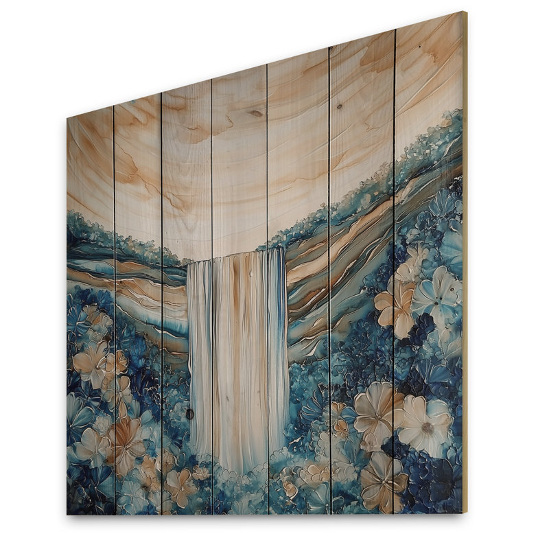 Majestic Waterfall In Summer I - Paysage traditionnel impression sur bois bleu sur bois de pin naturel, H 25 po x l 25 po