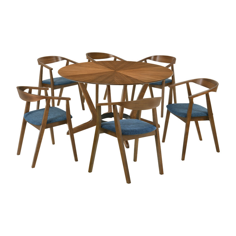 Ensemble de table de salle à manger 7 pièces Jeyhan, Noyer, Bleu