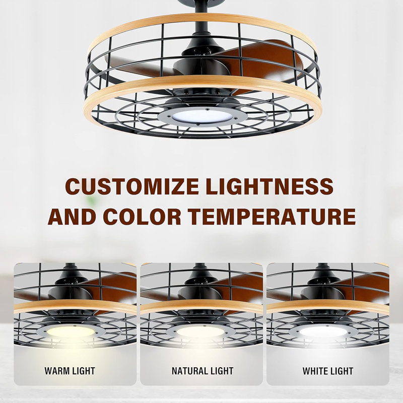 Modern Black and Wood Low Profile Ceiling Fan with LED Light and Remote