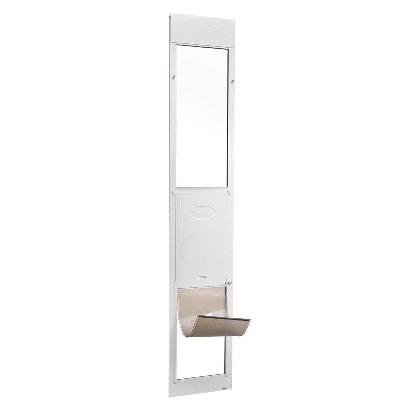Porte pour chien pour porte coulissante en verre, hauteur réglable de 91 à 96 po, cadre en alliage d'aluminium avec charnières rotatives en métal, conception à serrure, rabat 13 5/8 x 23 5/8 po, porte pour animaux coulissante en verre pour locataires