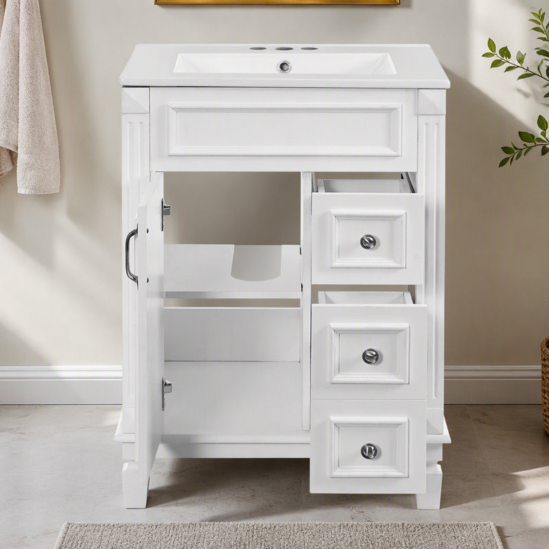 Meuble-lavabo 24 po avec lavabo en céramique, petite armoire de salle de bain moderne, 2 tiroirs et tablette réglable, Blanc