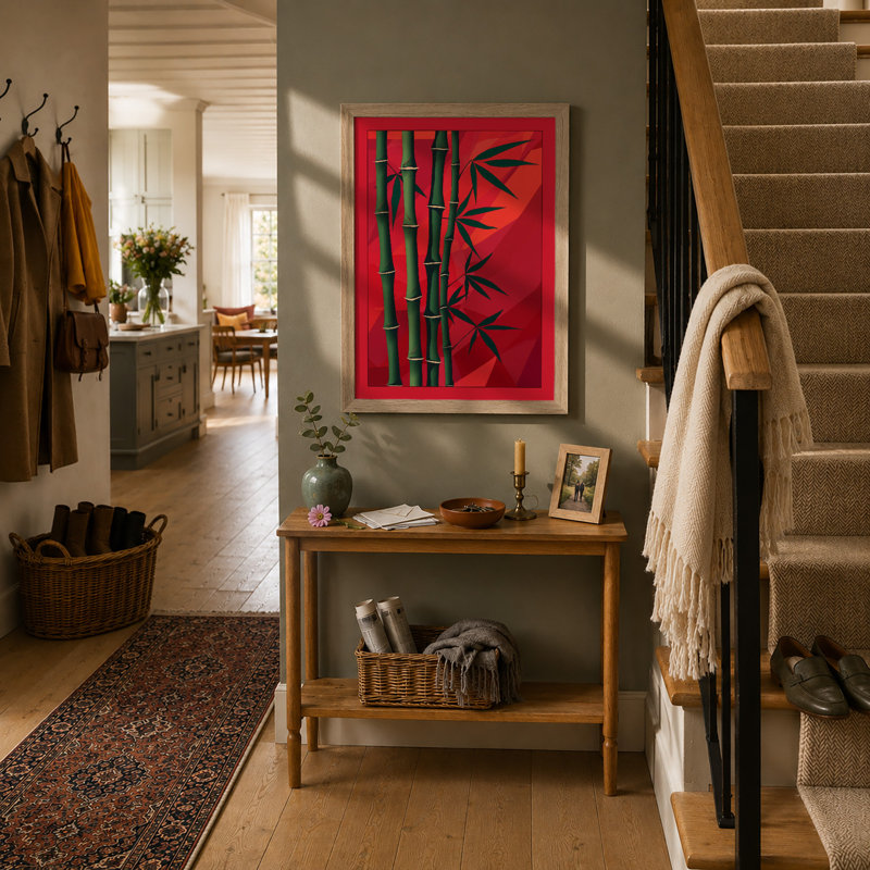 Crimson Bamboo Japandi - Framed Print, Oak, A3 - 42.0 x 29.7 cm