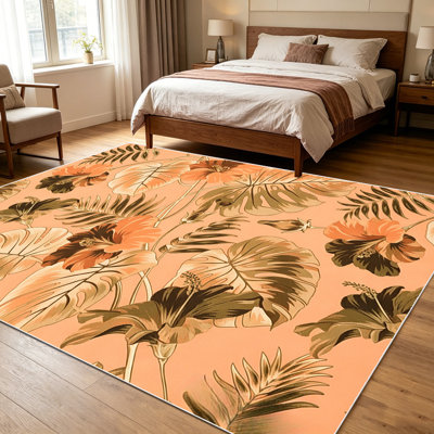 Tapis décoratif à motif floral de feuilles de palmier tropical 1pc pour salon, doux et confortable, tout-en-un, facile à entretenir et lavable à la machine, idéal pour la salle à manger, la chambre à coucher, la cuisine, la décoration intérieure et extérieure.