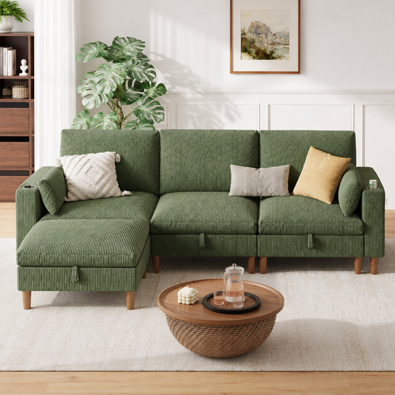  Canapé modulaire en L avec repose-pieds et rangement Shepardson, Chenille verte
