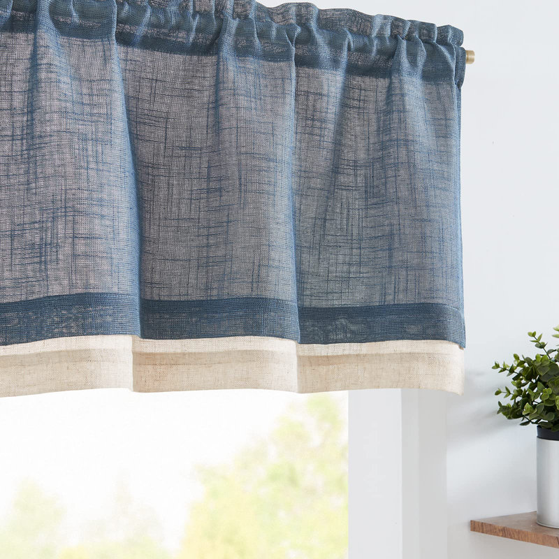 Linen Farmhouse Rod Pocket Double Layer Valance Kitchen Curtain, Navy/Beige