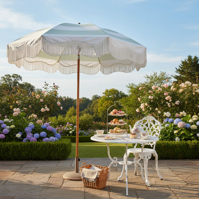 6.5Ft Boho Fringe Patio Umbrella, UPF50+ Outdoor Picnic Umbrella With Tassels Steel Pole & Push Button Tilt, Vintage Stripe
