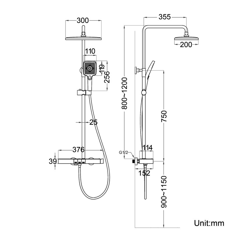 Three-outlet thermostatic shower, gray, Push Button, Chrome