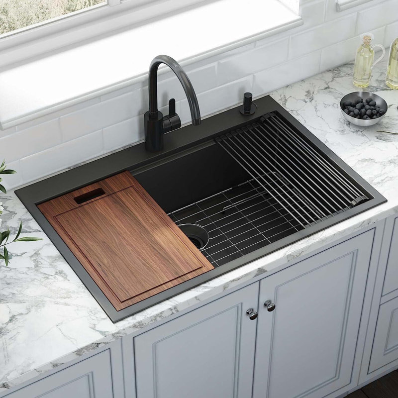 36 Inch Drop-in Workstation Kitchen Sink with Accessories, Gunmetal Black, 16 Gauge Stainless Steel, Single Bowl, Easy Drainage, and Noise Reduction