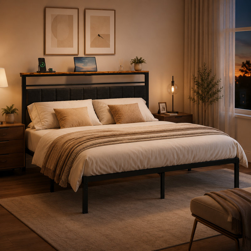 Black Queen-size metal slatted bed frame, upholstered headboard with storage and charging outlets, no need for a spring mattress.