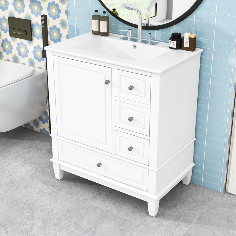 Meuble-lavabo avec lavabo, tablette et trois tiroirs, Blanc