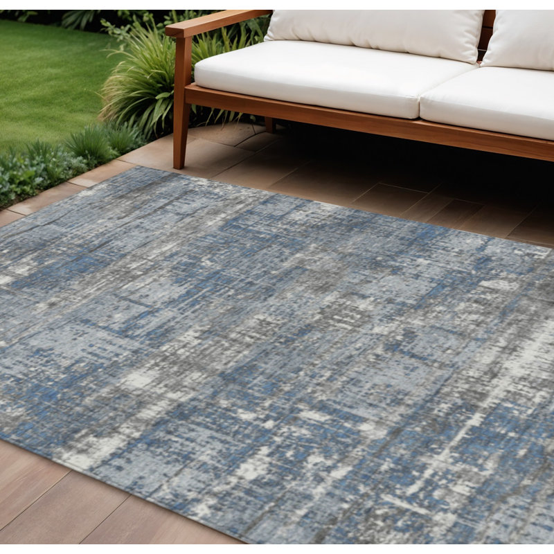 Tapis extérieur lavable à motif géométrique bleu et gris 8 pi x 10 pi