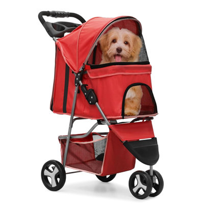 Foldable Pet Stroller With Weather Cover, 3 Wheels Pet Strolling Cart For Small/Medium Dogs And Cats With Storage Basket And Cup Holder, Breathable An -  Textiles Hub, WFY - AM - B0CL6-S9YZY