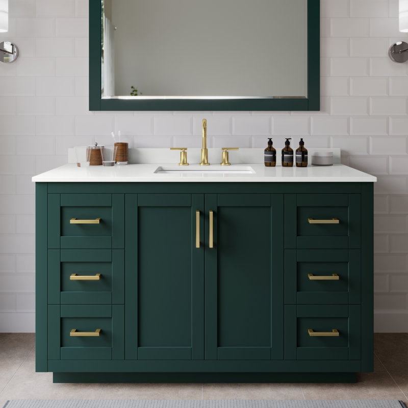 Miranda 54" Freestanding Single Bathroom Vanity with Quartz Top, White Quartz, Green, Brushed Gold