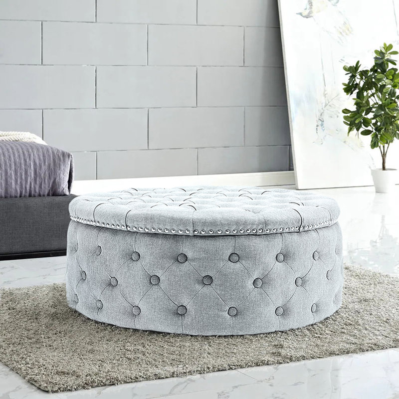 Acle 75cm Wide Tufted Round Solid Colour Cocktail Ottoman, Gray White