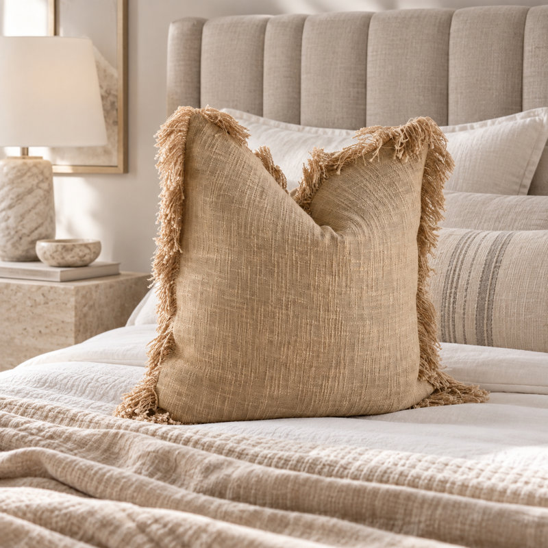 Boho Fringed 100% Cotton Throw Pillow Cover, 18" x 18", Brown