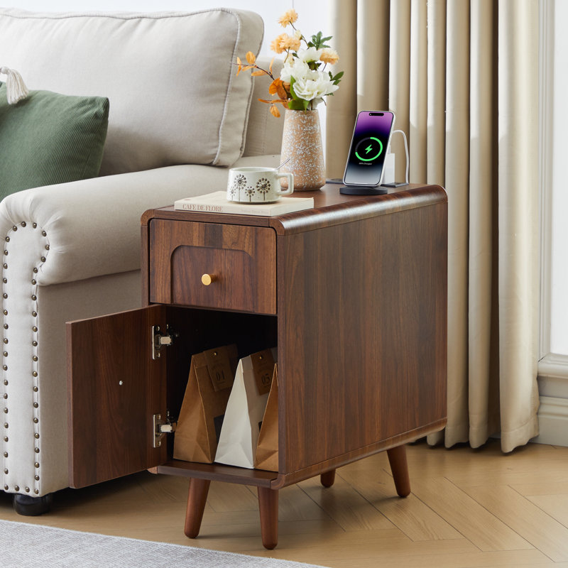 Narrow End Table With Charging Station, Brown