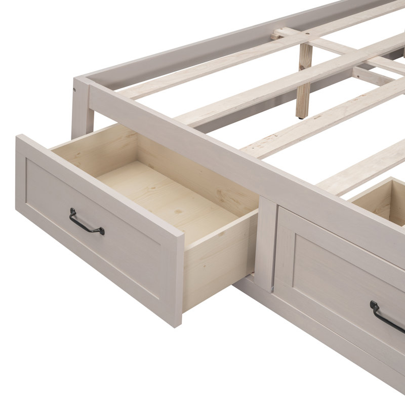 Lit plateforme avec 6 tiroirs de rangement,, Blanc antique, Grand lit