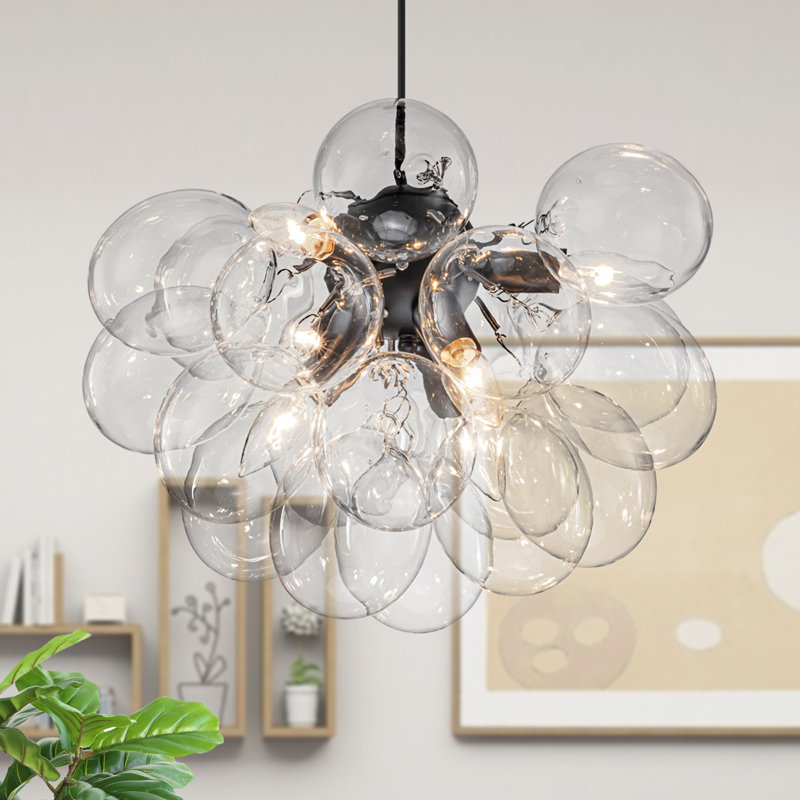 Isley 6 - Light Dimmable Clear Bubble Globe Glass Sphere Chandelier, Matte Black