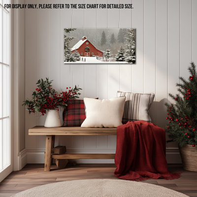 Winter Canvas Wall Art - Red Barn Winter Pictures Wall Decor, Vintage Christmas Prints, Winter Scene Painting for Living Room, Farmhouse Framed Artwork, Wrapped Canvas, 12×24 inches