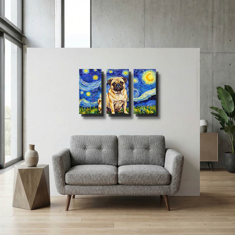 « La Nuit étoilée avec un carlin » de Rich Monet, triptyque mural, 91,4 cm x 61 cm, 78 po x 34 po