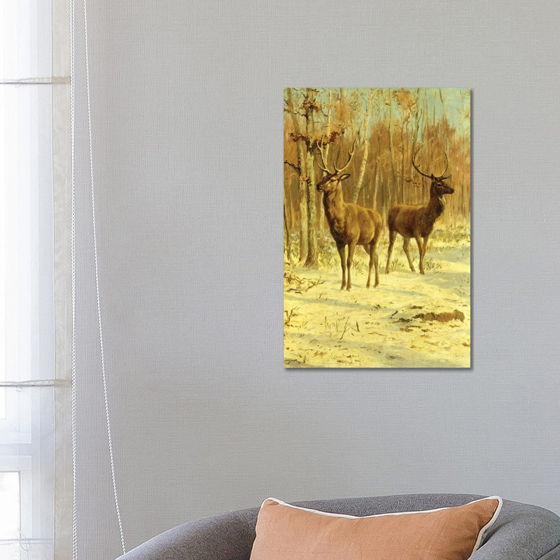 Two Stags in a Clearing in Winter 1 Piece Wrapped Canvas Painting