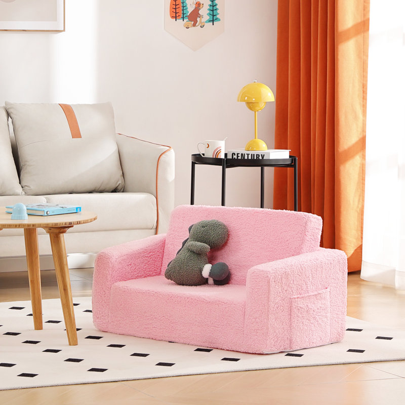 Kids Sofa, Extra Wide 2 In 1 Kids Fold Out Chair Convertible Sofa To Lounger, Pink
