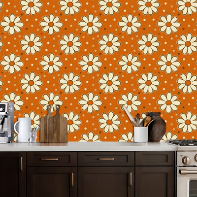 Papier peint auto-adhésif amovible à motif floral de style rétro avec motif floral rétro des années 70 pour armoires de cuisine de chambre à coucher 17,7 po x 118 po