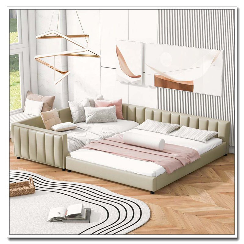 Upholstered Daybed, Mother & Child Bed, PU Leather, Beige