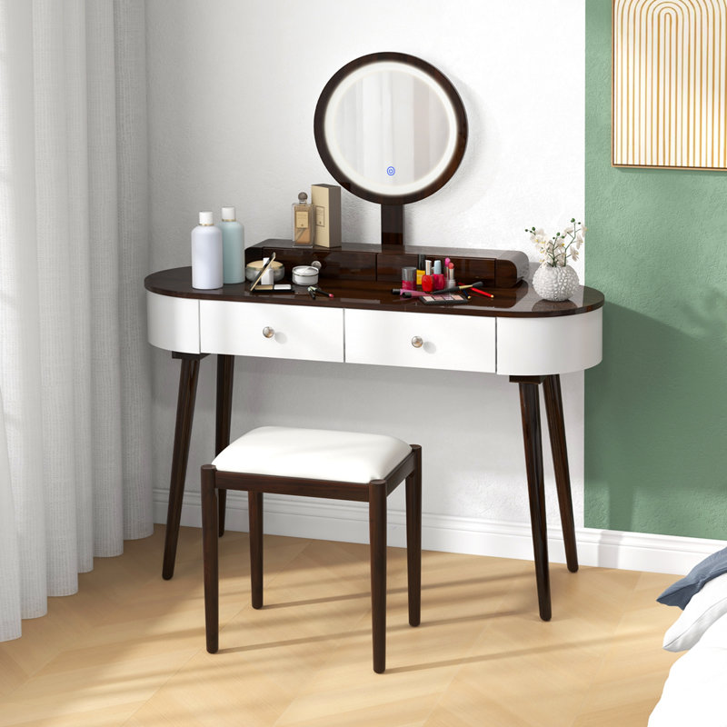 Ensemble de meuble-lavabo à miroir 4 tiroirs avec tabouret Kiree , Brun / Blanc