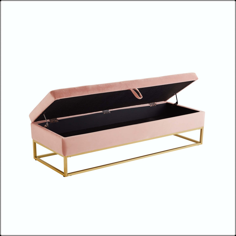 Banc de rangement en velours 58,6 po avec base en métal et plateau capitonné, Pink, Rose, Gold