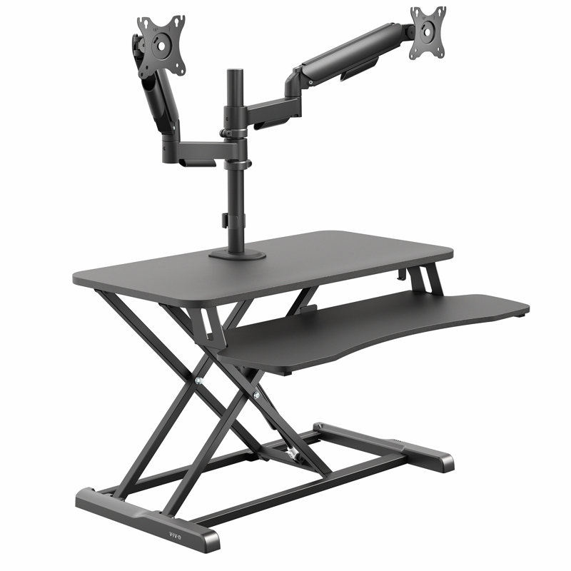 Vivo Black Standing Desk Riser With Dual Monitor Arm For Up To 32" Screens, 31.5" W