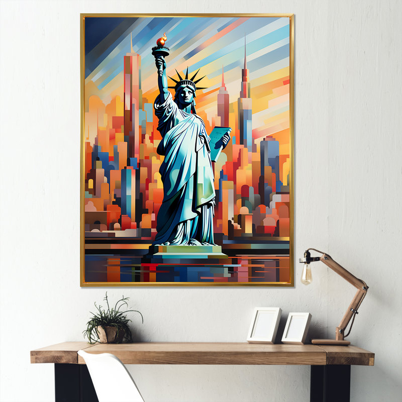 Statue cubiste de la liberté NYC I, Cadre flottant doré, H 40 po x l 30 po x P 1,5 po
