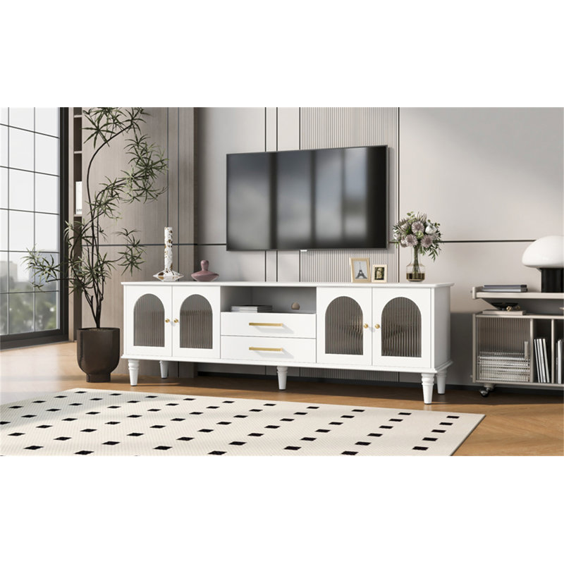 Charming Retro TV Stand With Fluted Glass Doors And Solid Wood Legs For Living Room, White, 23"H x 68.9"L x 15.7"W