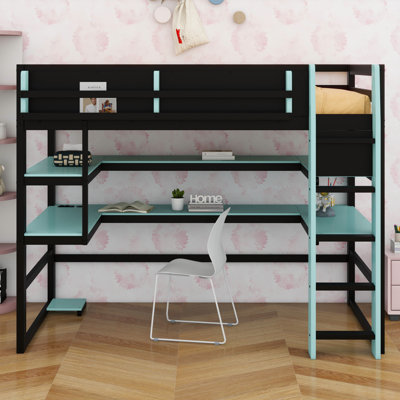 Élégant lit mezzanine en bois avec bureau intégré, support de rangement et lumière RVB