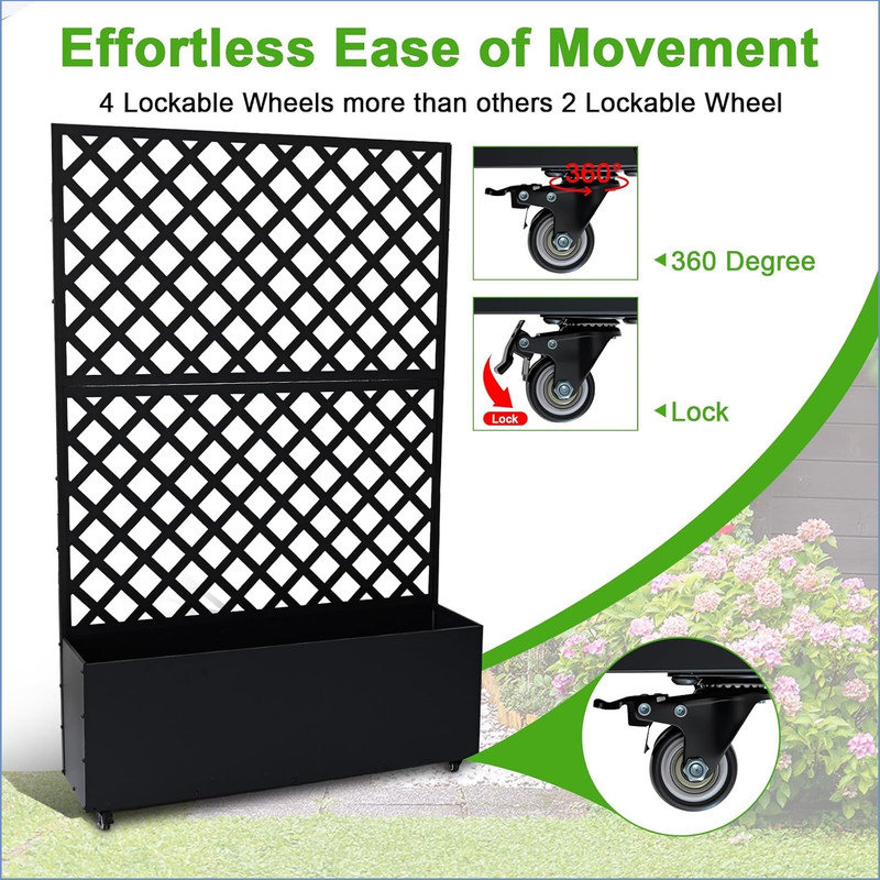 Metal Planter Box with Trellis, 70.87"x46.46"x11.81" Raised Garden Bed with Trellis & Wheels, Outdoor Garden Box with Privacy Screen & Drainage Holes for Climbing Plants Flower Vegetable