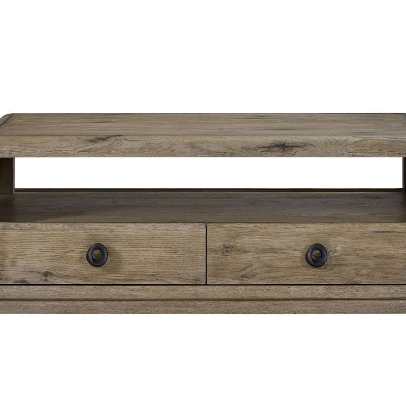 Table basse avec placage en chêne noueux anglais, deux tiroirs, tablette ouverte, 48 po de profondeur, 28 po de largeur, 18,5 po de hauteur, bords arrondis en chêne, poids de 117 lb, bois massif +