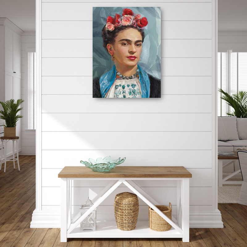 Floral Crown Portrait Canvas Art Print in Blue and Red