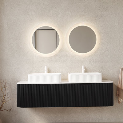 Meuble-lavabo mural flottant avec lavabos, armoire de rangement, tiroirs et lavabos en céramique pour une salle de bain fonctionnelle et élégante