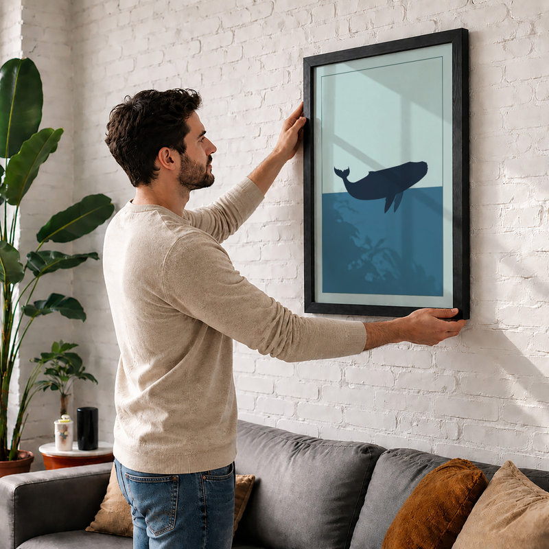 Whale in Open Water Minimalist - Framed Print, Oak, A3 - 42.0 x 29.7 cm