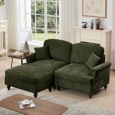 Elegant Mid Century Two Seater Modular L Shaped Sofa Couch With Flared Arms, Removable Skirts, Spindle Legs And Movable Ottoman For Versatile Comfort