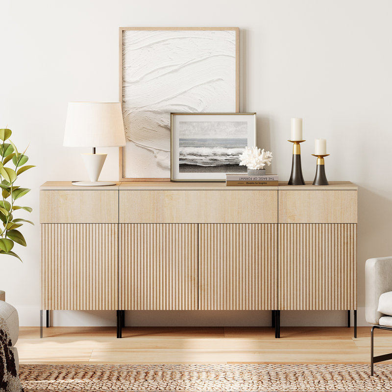 63" Reeded Accent Cabinet Set With Charging Station, Modern Credenza Storage Cabinet With Doors And Drawers For Living Room, Kitchen, Dining Room, Hallway
