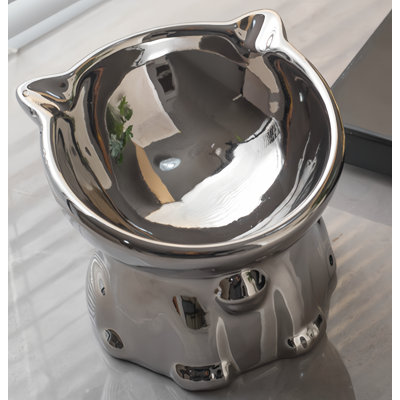 Electroplated Ceramic Elevated Cat Bowl, 15° Tilted Raised Pet Food & Water Bowl For Cats & Small Dogs, Anti-Choke, Non-Spill, Whisker-Friendly Design, Gold Yellow/Silver Options