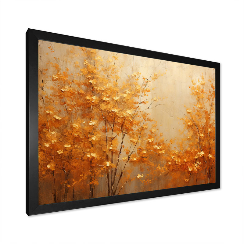 «Golden Autumn Forest Harmony I», art mural forêt pour le salon, Cadre simple noir, H 16 po x l 32 po x P 1 po