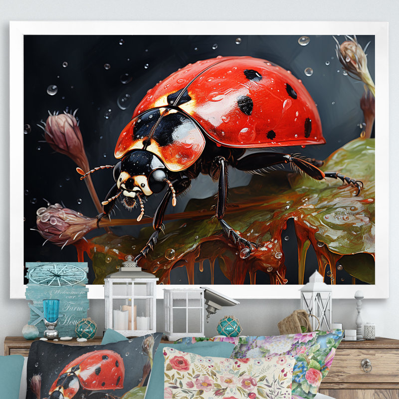 Curious Ladybug Crimson Serenity III sur toile, Cadre simple blanc, H 16 po x l 32 po x P 1 po