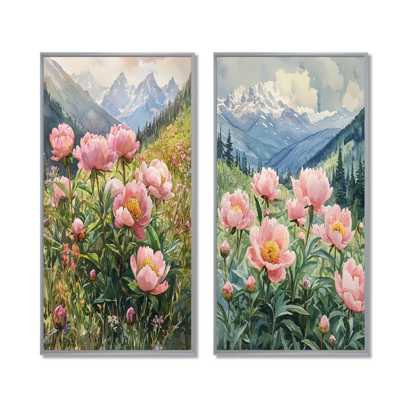 Pivoines dans la vallée balayée par le vent I - art mural floral 2 panneaux, H 40 po x l 41 po, Encadrement argenté