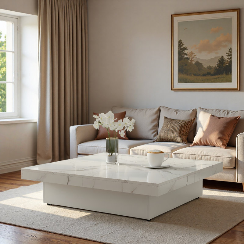 Table basse carrée en placage avec plateau coulissant et grand espace de rangement