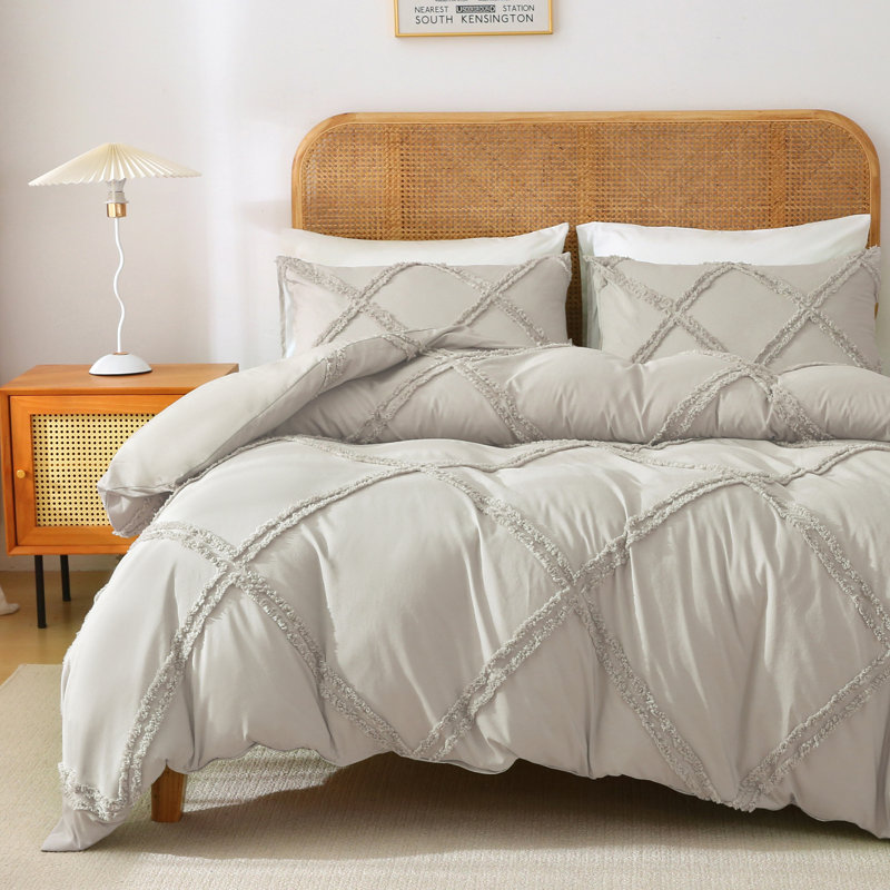 Solayne Boho Tufted Duvet Cover Set – Textured Geometric Pattern, Corner Ties & Zipper Closure, Oatmeal