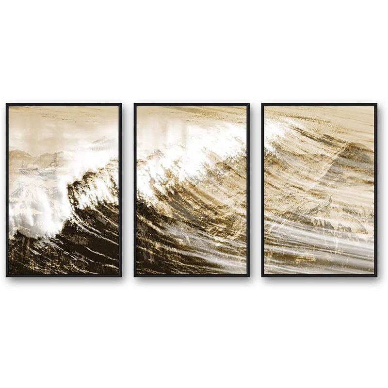 Coastal Beach Golden Waves - 3 pièces, reproduction d'art sur toile, Toile avec cadre noir, H 24 po x l 48 po x P 1,5 po