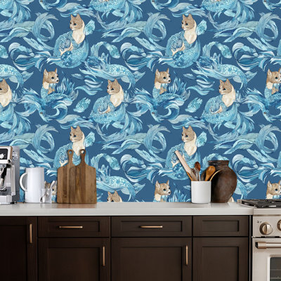 Peel and Stick Wallpaper Whimsical Cat Flowing Waves Scales Blue Tones Contact Paper Removable Self Adhesive Wall Mural Wall Decor for Bedroom Kitchen Cabinets 17.7in x 118in
