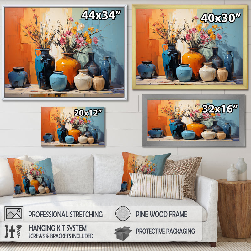 «Blue Italian Pottery Expressions - Boho Pottery», art mural, Cadre doré à coins fermés, H 24 po x l 32 po x P 1 po